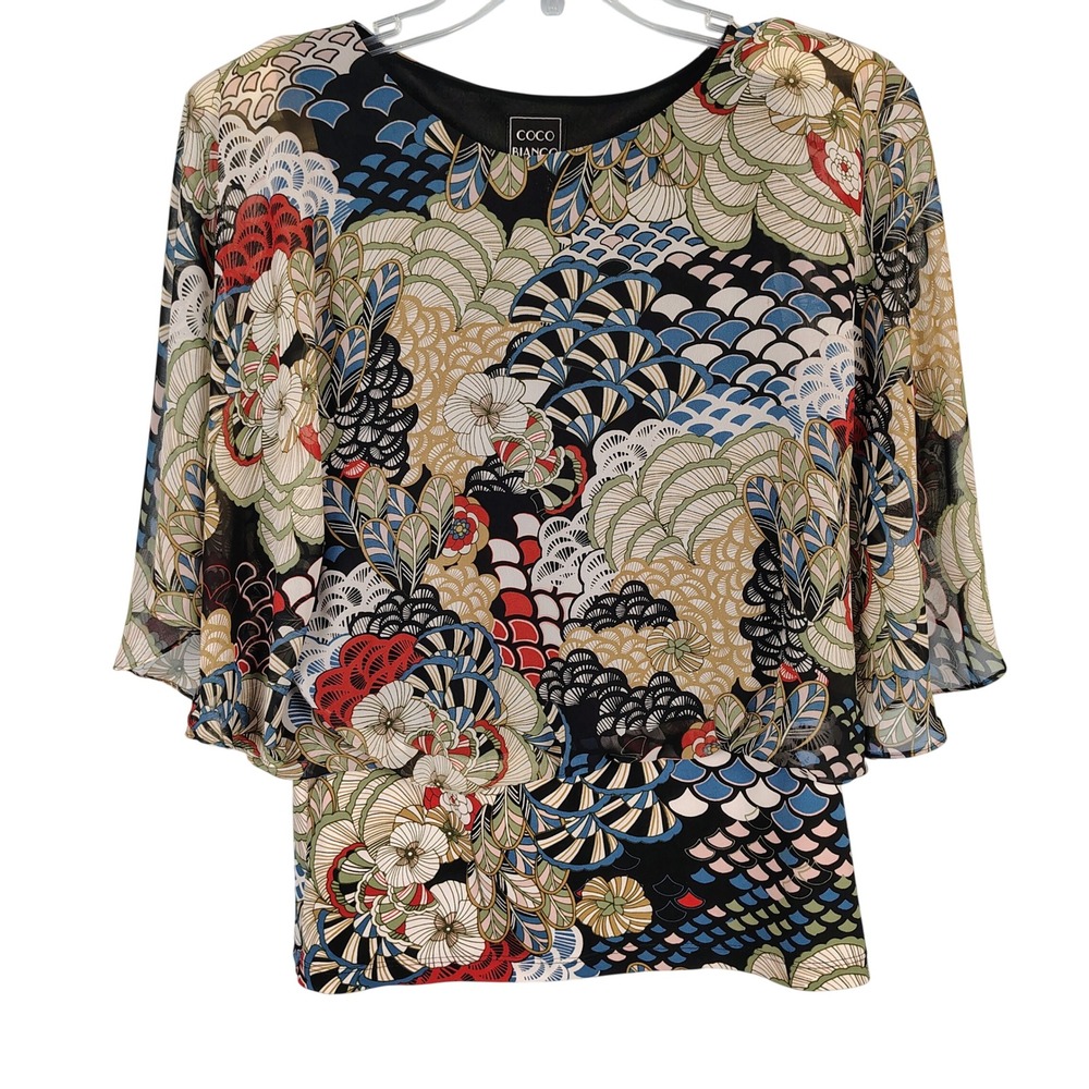 Coco Bianco Womens SZ M Blouse Multicolor Floral Butterfly Sleeve Art To Wear